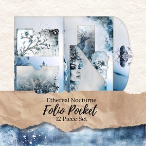 Könnte beinhalten: Ein Set mit 12 blauen und weißen Folio-Taschen mit Aquarelldesign. Die Taschen zeigen ein Reh, ein Frauen Gesicht und einen Schmetterling. Der Text "Ethereal Nocturne Folio Pocket 12 Piece Set" ist auf dem Bild zu sehen.