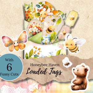Honeybee Haven Loaded Tags, Junk Journal Ephemera, Bee Themed Tags with Fussy Cuts, Honeybee Pocket Ephemera, JJ19