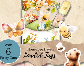 Honeybee Haven Loaded Tags, Junk Journal Ephemera, Bee Themed Tags with Fussy Cuts, Honeybee Pocket Ephemera, JJ19