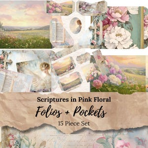 Scriptures in Pink Floral Folios & Pockets – 15-Piece Junk Journal Set, Bible Verse Printable Christian Ephemera. JJ011