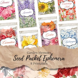 Paquets de graines de jardin vintage éphémères, kit imprimable de journal indésirable, étiquettes florales botaniques, journal indésirable imprimable JJ09