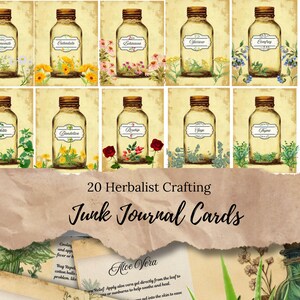 Cartões para frascos de ervas artesanais de herbalista: cartões imprimíveis de 10x10 cm com frascos de ervas de boticário, itens efêmeros e decoração vintage para frascos de ervas. JJ28