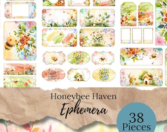 Honeybee Haven – 38-Piece Junk Journal Ephemera Set | Printable Bee & Wildflower Scrapbooking Kit | Digital Download, JJ19