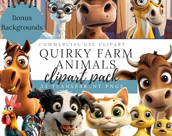 Imágenes prediseñadas de animales de granja originales: diseños divertidos (PNG, descarga digital)