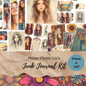 Kit de journal indésirable Happy Hippie Girls, bohème des années 70 papiers couvertures éphémères cartes étiquettes enveloppes folios pour un journal complet. JJ016 JJK01