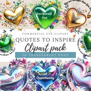 Quotes to Inspire Clipart: 20 PNG di cuori ispiratori per tutti. Diari, diari, social media, scrapbooking, regali. Parole per cui vivere. DC001