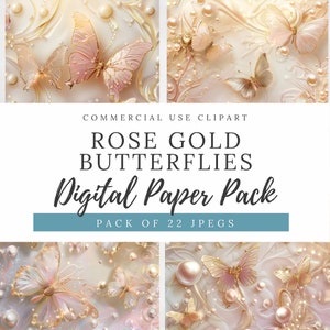 Papel digital MARIPOSA DE ORO ROSA y Perlas: Hermosos diseños para invitaciones a bodas, compromisos, fiestas, aniversarios y más. 3DP003