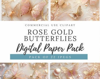Clipart papillon or rose et arrière-plans perle : papier numérique élégant (22 fichiers JPEG)