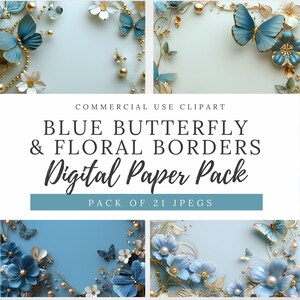 Bordures de clipart PAPILLON BLEU ET FLEURS : art numérique et embellissements pour projets créatifs, faire-part de mariage, papier numérique, 3DP003