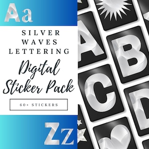 Silver Metallic Waves Alphabet Stickers | A-Z Letters, Numbers & Shapes | Digital Journal and Scrapbook PNGs | 60+ Elegant Designs, DS01