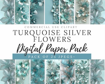 Paquet de papier numérique fleur argenté turquoise : arrière-plans floraux élégants (téléchargement numérique)
