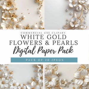 Papeles digitales de flores y perlas en ORO BLANCO: 20 preciosos papeles de fondo para álbumes de recortes, diarios basura, diarios, etc. 3DP002
