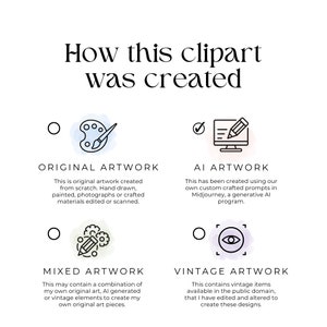 Peut inclure: Un graphique expliquant comment les images clipart sont cr&eacute;&eacute;es. Les quatre m&eacute;thodes sont les illustrations originales, les illustrations IA, les illustrations mixtes et les illustrations vintage. Chaque m&eacute;thode est illustr&eacute;e par une ic&ocirc;ne simple et une br&egrave;ve description.