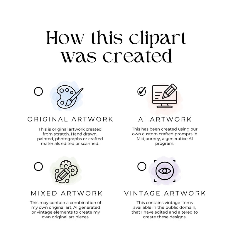 Peut inclure: Un graphique expliquant comment les images clipart sont cr&eacute;&eacute;es. Les quatre m&eacute;thodes sont les illustrations originales, les illustrations IA, les illustrations mixtes et les illustrations vintage. Chaque m&eacute;thode est illustr&eacute;e par une ic&ocirc;ne simple et une br&egrave;ve description.