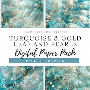 Turkoois en bladgoud en parelachtergronden, digitaal papier, perfect voor elegante uitnodigingen, knutselen en scrapbooking, DIY-bruiloft, ST003