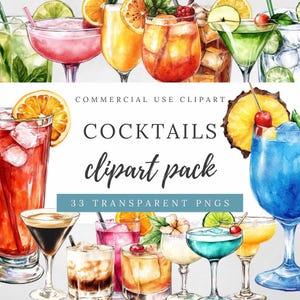 Imágenes prediseñadas de cócteles, PNG de alta calidad para invitaciones de verano, menú de bebidas tropicales, papelería de hospitalidad