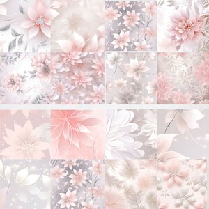 Peut inclure: Un collage num&eacute;rique de 12 motifs floraux diff&eacute;rents mettant en sc&egrave;ne des fleurs roses et blanches sur un fond gris clair.