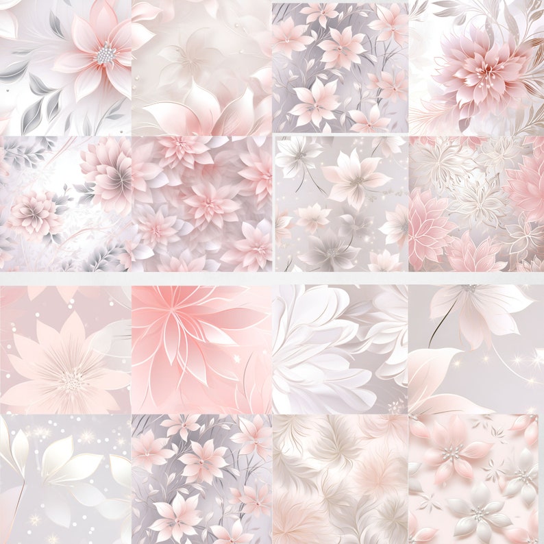 Peut inclure: Un collage num&eacute;rique de 12 motifs floraux diff&eacute;rents mettant en sc&egrave;ne des fleurs roses et blanches sur un fond gris clair.