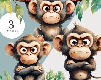 Watercolor Grumpy Monkey Clipart: Jungle Animal PNG Graphics (Digital Download