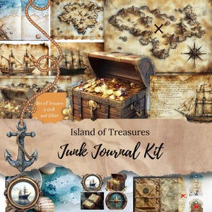 Kit de diario basura "Tesoros de la Isla": Páginas imprimibles de la Isla del Tesoro, material efímero, etiquetas, tarjetas y folio para el proyecto de diario. JJP001
