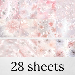 Peut inclure: Un collage de 28 feuilles de papier num&eacute;rique avec des motifs floraux d&eacute;licats dans des tons de rose et de blanc. Les motifs comprennent divers arrangements floraux, notamment de grandes fleurs, de petites fleurs et des vignes feuillues.