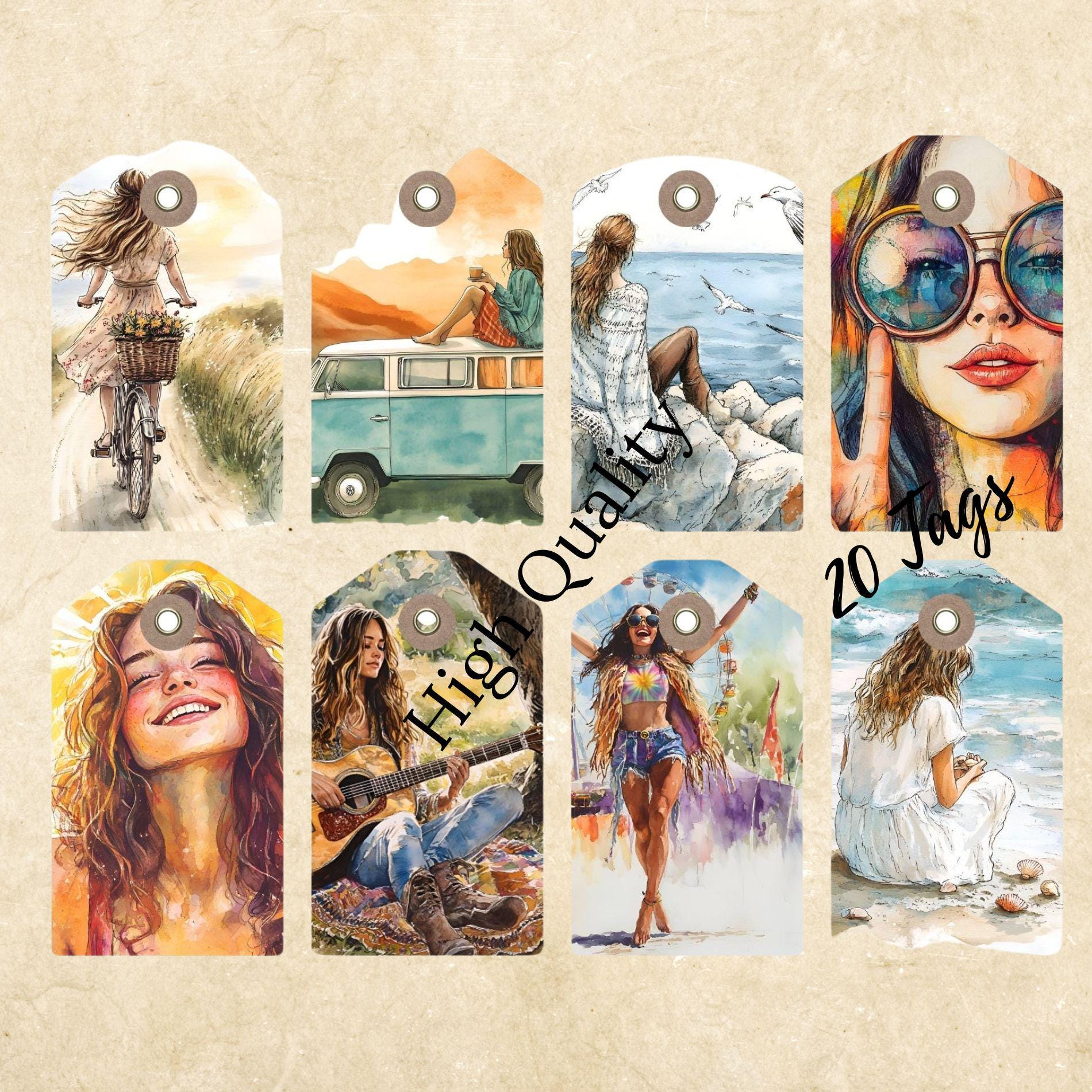 Happy Hippie Girls Tags: Boho 70s Junk Journal Ephemera, Retro Flower ...