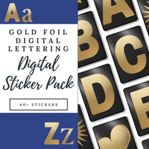 Gold Foil Alphabet Digital Stickers | A-Z Letters, Numbers & Bonus Shapes | Planner, Scrapbook and Journal PNGs | 60+ Luxe Designs, DS01