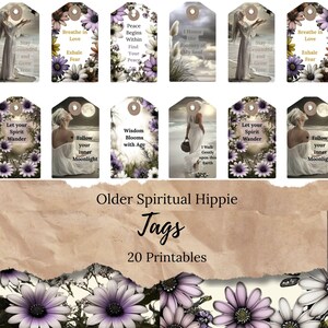 Older Spiritual Hippie Junk Journal Tags avec mantras : Mots à suivre, Vivre et aimer, Éveil spirituel, JJ20