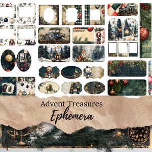 May include: A set of vintage-style Christmas ephemera featuring images of a church, a fox, a bear, a nutcracker, and a house. The ephemera is printed on textured paper with a distressed look. The text "Advent Treasures Ephemera" is printed on a brown paper background.