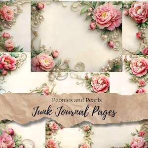 Peonies and Pearls Junk Journal Papers – 20 Vintage Floral Printable Pages, Shabby Chic papers for Journals, Diaries, Media, Invites  JJP001