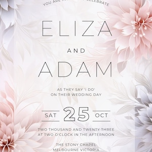 Peut inclure: Invitation de mariage avec un motif floral dans des tons de rose et de blanc. L'invitation indique "Vous &ecirc;tes invit&eacute;s &agrave; c&eacute;l&eacute;brer Eliza et Adam alors qu'ils se disent "oui" pour leur mariage Samedi 25 octobre Deux mille vingt-trois &agrave; deux heures de l'apr&egrave;s-midi La chapelle Stony Melbourne Victoria r&eacute;ception &agrave; suivre &Eacute;chantillon uniquement".