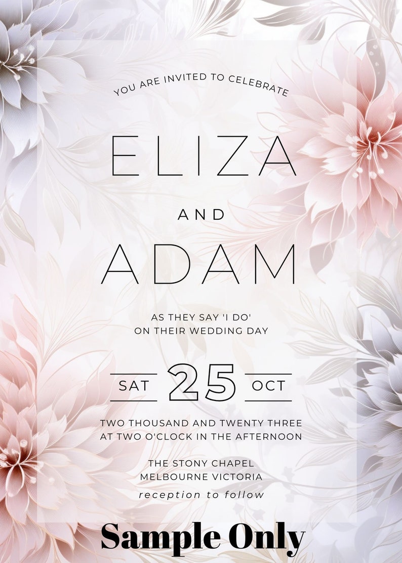 Peut inclure: Invitation de mariage avec un motif floral dans des tons de rose et de blanc. L'invitation indique "Vous &ecirc;tes invit&eacute;s &agrave; c&eacute;l&eacute;brer Eliza et Adam alors qu'ils se disent "oui" pour leur mariage Samedi 25 octobre Deux mille vingt-trois &agrave; deux heures de l'apr&egrave;s-midi La chapelle Stony Melbourne Victoria r&eacute;ception &agrave; suivre &Eacute;chantillon uniquement".