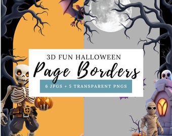 Spooky 3D Halloween Page Borders, Witch, Ghost, Cat Clipart (Digital Download)