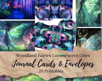 Woodland Fairies Luminescent Postcards and Envelopes: Printable Fairy Stationery Junk Journal Ephemera Fairies and Backgrounds. JJ018