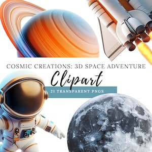 Ruimteclipart - schattige astronauten, planeten, raketten | Cosmic Explorers-clipart voor doe-het-zelfprojecten, uitnodigingen, digitale kunst en stickers, 3DA001