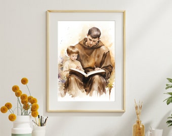 Puede incluir: Una pintura de acuarela de un hombre con una túnica marrón sentado con un niño pequeño. El hombre está leyendo un libro mientras el niño mira el libro. La pintura tiene una paleta de colores suaves y apagados.