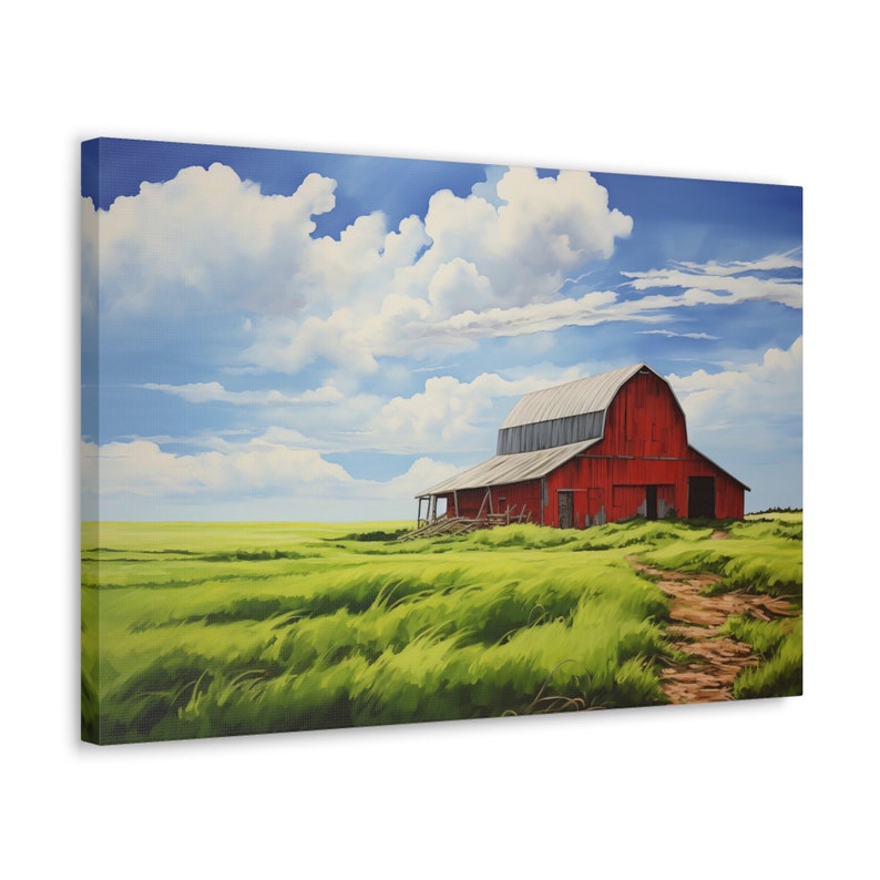 Vintage Red Barn in a Green Field, Painting of a Green Field With an ...