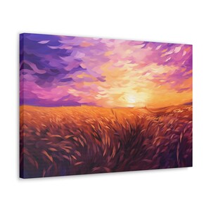 Paarse zonsonderganghemel boven een tarweveld, prairiekunst, surrealistisch schilderij van een dromerig landschap, CanvasWithAView, Canvas Wall Art