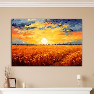 Een tarweveld onder een zonsondergang, prairiekunst, surrealistisch schilderij van een dromerig landschap, canvas met zicht, canvas muurkunst
