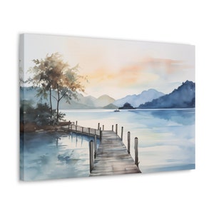 Sunny Watercolor Tropical Lake Scenery on Canvas, Mountain Lakeside Landscape with Boardwalk,  Pier on a Lake, Lakeside View with Mountains