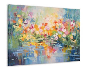 Spring Wildflower Canvas Print, Abstract Pond Art