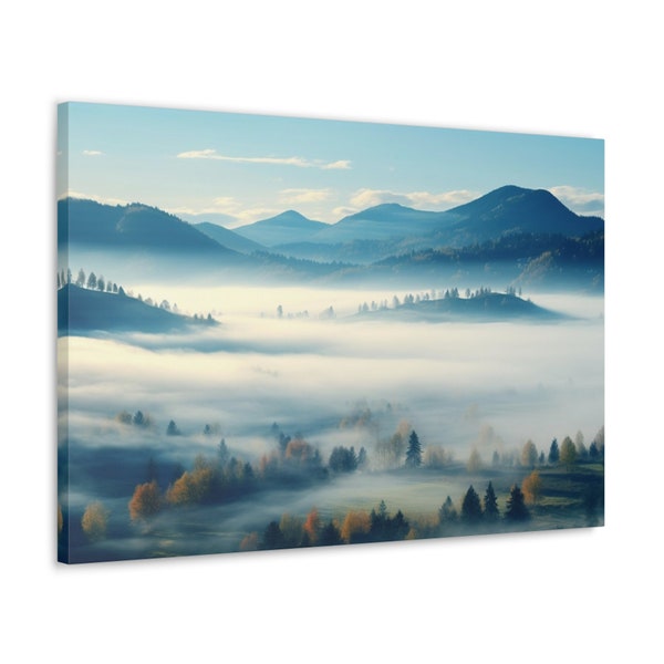 Misty Autumn Mountain Scene in Canvas Wall Art Fall Colors in a Natural Setting