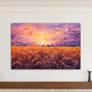 Tarweveld onder een paarse en amberkleurige zonsondergang, prairiekunst met gedurfde contrasterende kleuren, canvas met uitzicht, canvas muurkunst