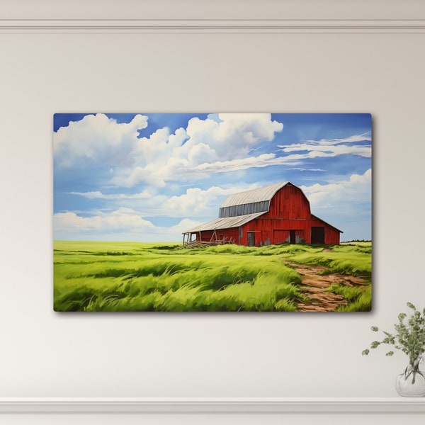 Vintage Red Barn in a Green Field, Painting of a Green Field with an Old Red Barn in the Distance, Abstract Farmhouse Art, Canvas Wall Art