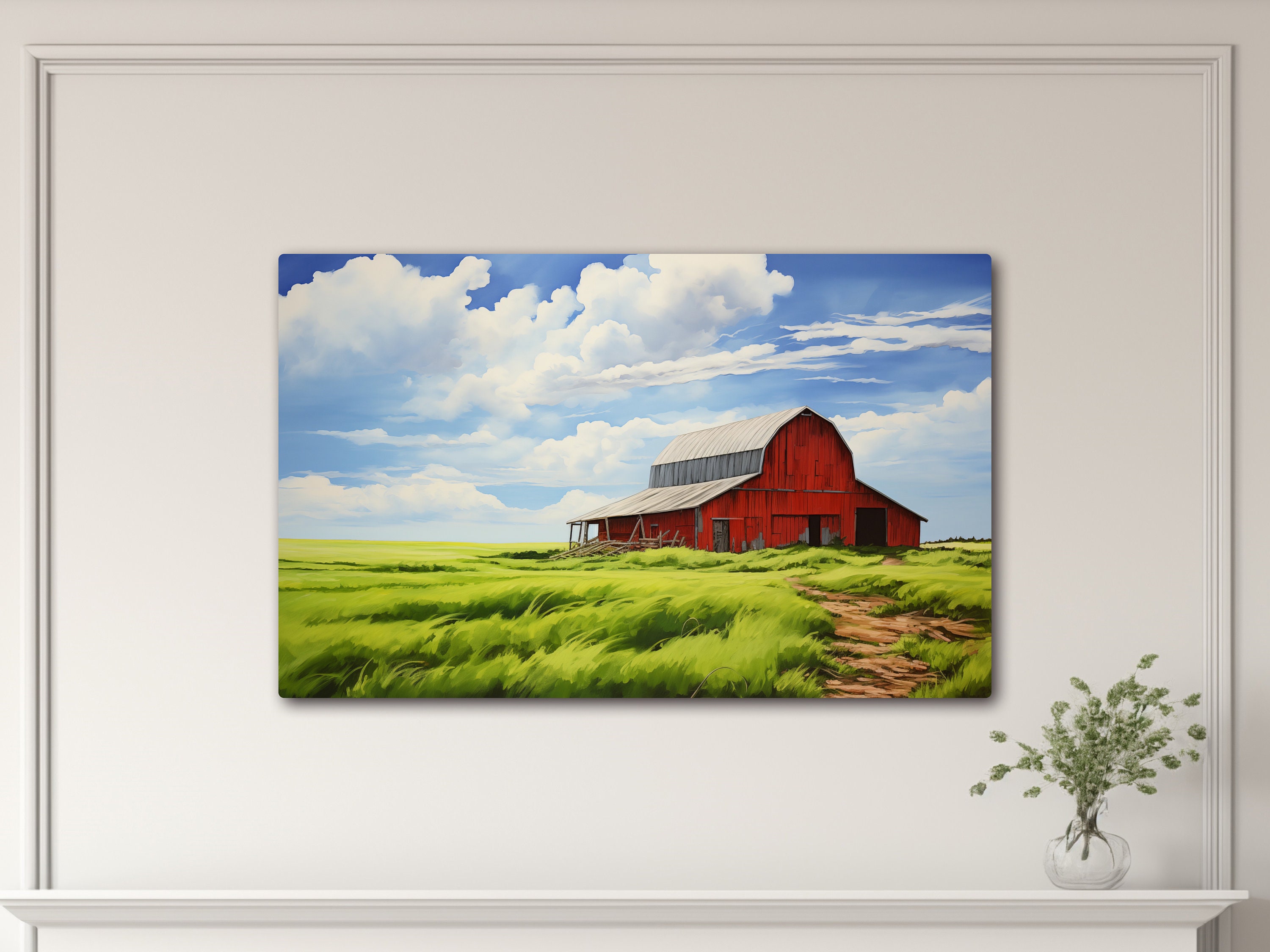 Vintage Red Barn in a Green Field, Painting of a Green Field With an ...