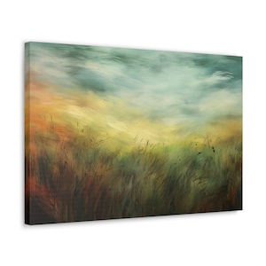 Een bewolkt veld met wild gras, humeurig surrealistisch prairieschilderij, prairiekunst, canvaswithAView, canvas muurkunst