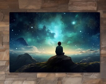 Boy on a Mountaintop Admiring the Starry Night Sky as Dawn Begins to Break, Stargazing, Beautiful Night Sky, Rustic Art, Canvas Wall Art