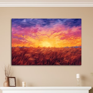 Amberkleurige zonsondergang op een veld met wilde grassen, abstracte prairieschildering, etherische prairiezonsondergang, prairiekunst, canvas met zicht, canvas muurkunst