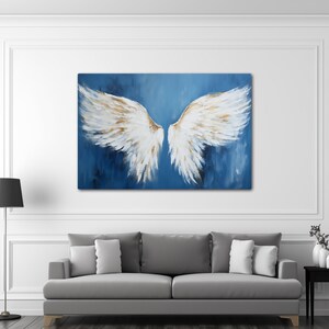 White and Gold Angel Wings on a Deep Blue Background, Abstract Oil-Painting with Thick Brush Strokes Printed on Canvas, Canvas Wall Art