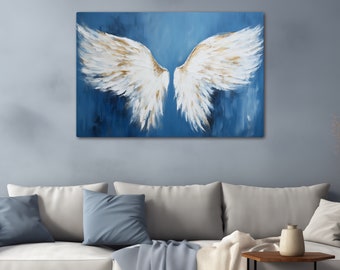 Abstract Angel Wings Canvas Art, Gold Highlights, Bold Blue